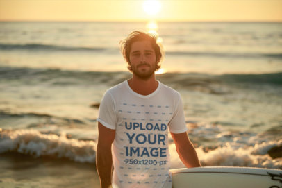 AI-Created Mockup of a Male Surfer Wearing a Crewneck Tee at the Beach