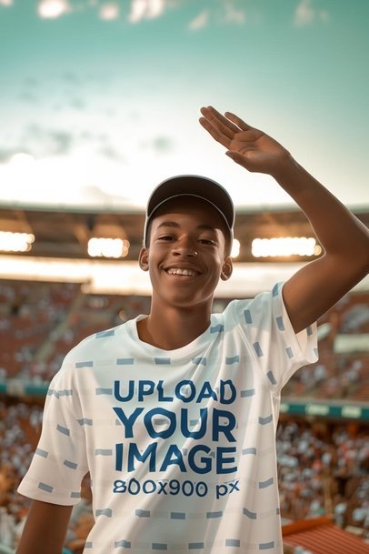Mockup of an AI-Created Teenage Boy Wearing a Round-Neck Tee in a Sports Stadium
