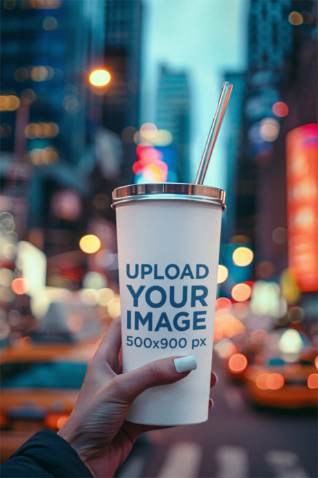 Mockup of an AI-Generated Woman Holding a Tumbler in a City