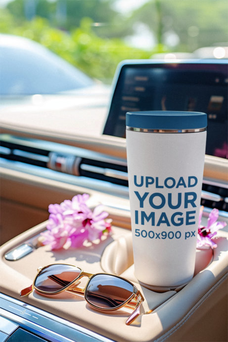Girly-Themed Mockup Featuring an AI-Generated Travel Mug Inside a Car