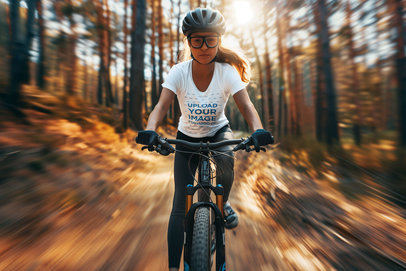 T-Shirt Mockup of a Woman Riding a Bike on a Mountain Featuring a Motion Blur Effect m38482