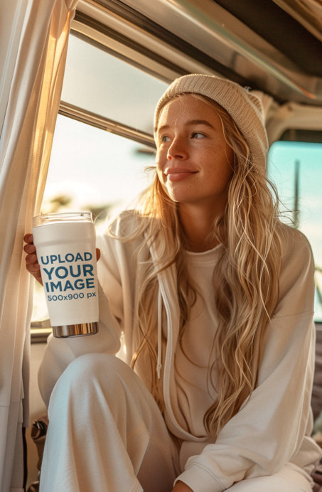 AI-Created Mockup Featuring a Woman in a Van Holding a Tumbler