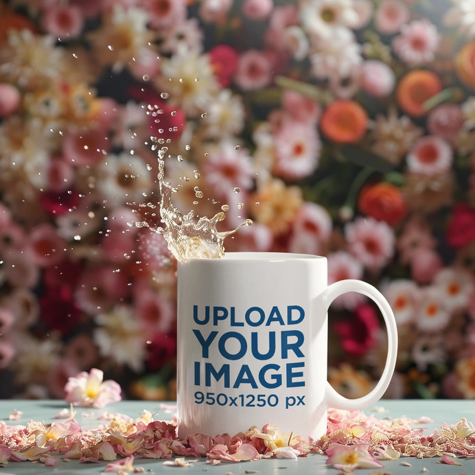 Mockup of an AI-Created Coffee Mug With Splashing Tea Featuring Pink Flowers