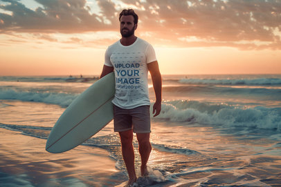 AI-Created T-Shirt Mockup of a Surfer Walking out of the Water 