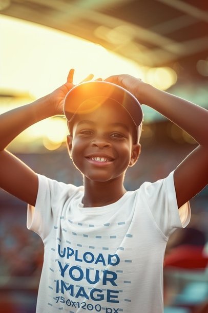 Mockup of an AI-Generated Boy Happily Wearing a T-Shirt at a Baseball Stadium
