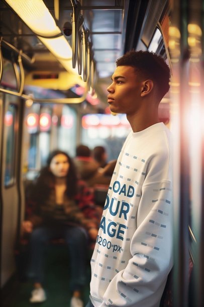 Mockup of a Man Wearing a Sweatshirt with a Customizable Sleeve in a Subway Wagon m38475