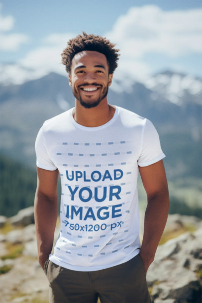 AI-Generated Mockup of a Smiling Man Wearing a T-Shirt at the Top of a Mountain