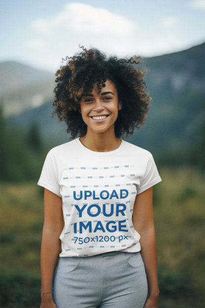Mockup of a Curly-Haired Woman with a Smile Wearing a Round-Neck Tee on a Mountain m37504