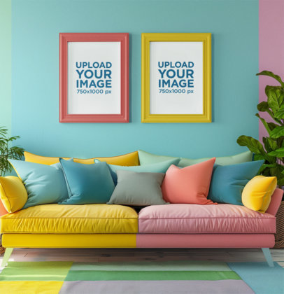 AI-Generated Mockup Featuring Two Art Prints in an Eclectic-Decorated Living Room m38332