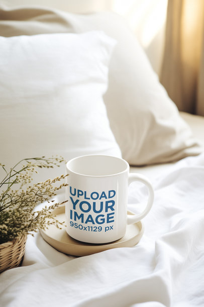 AI-Generated Mockup Featuring an 11 oz Coffee Mug Placed on a Bed