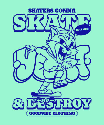 T-Shirt Design Creator Featuring a Retro Cartoon of a Cat Skating and Illustrated Graffiti
