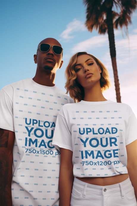 GTA-Inspired Mockup of a Man and a Woman Wearing Crewneck Tees Under a Palm Tree
