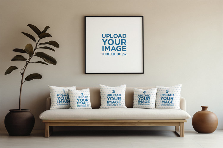 AI-Generated Mockup of an Art Print Featuring a Couch With Sublimated Pillows in a Relaxing Setting