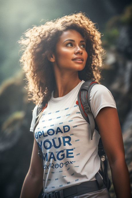 Placeit - T-Shirt Mockup of an AI-Generated Woman in an Outdoor Adventure
