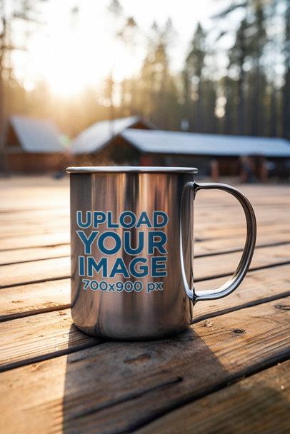 Mockup of an AI-Generated Aluminum Mug Placed in an Outdoor Setting