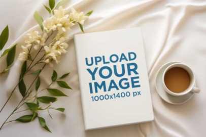 AI-Created Mockup of a Hardcover Book Featuring Flowers and a Cup of Coffee m38104
