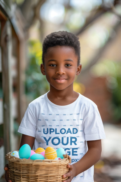 AI-Generated T-Shirt Mockup Featuring a Boy with a Basket of Easter Eggs