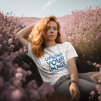 Round-Neck T-Shirt Mockup of a Woman Lying on a Floral Ground m33759