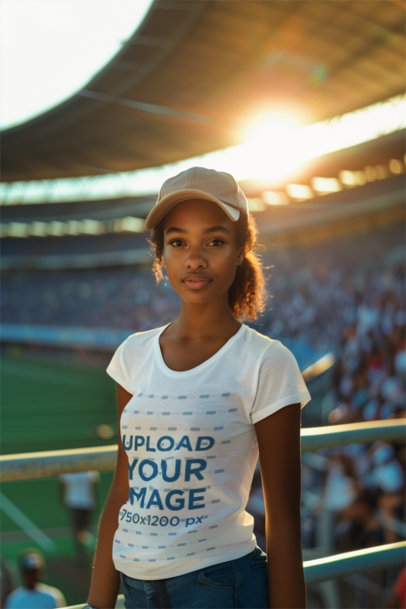 T-Shirt Mockup Featuring an AI-Created Woman in a Sports Stadium