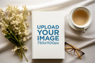 AI-Generated Mockup Featuring a Book Lying Next to a Cup of Coffee and a Bouquet m38105