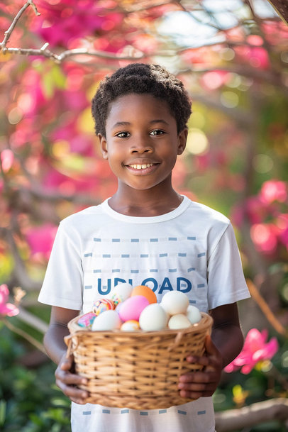 AI-Created Mockup of a Smiling Kid in a T-Shirt Holding a Basket of Colorful Easter Eggs