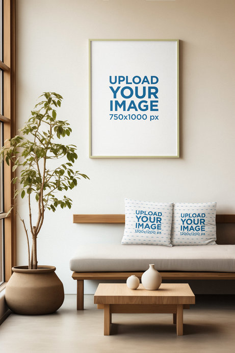 Pillow Mockup Featuring an AI-Generated Art Print Placed on a Relaxing Living Room