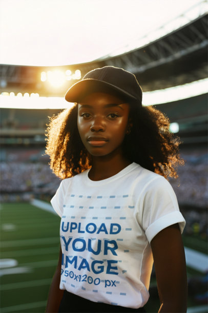 AI-Generated Mockup of a Girl with Curly Hair Wearing a T-Shirt at a Football Stadium