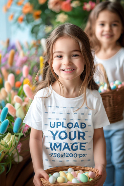 AI-Created Tee Mockup of a Smiling Girl Having Fun at an Easter Egg Hunt with Her Sister m38566
