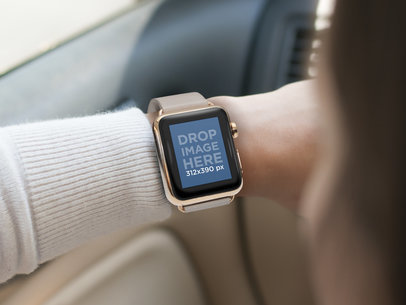 Woman Wearing a Gold and Beige Apple Watch While Driving a Vehicle Mockup