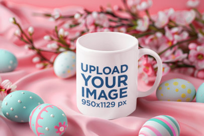 Mockup Featuring an AI-Created 11 oz Coffee Mug Placed Next to Decorated Easter Eggs m38574
