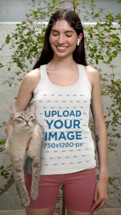 Gildan Tank Top Video Featuring a Smiling Woman Holding a Cute Cat