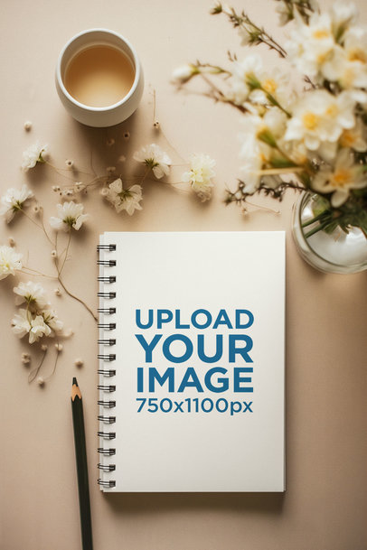 AI-Created Mockup Featuring a Notebook Placed Near Some Flowers and a Cup of Tea m38098