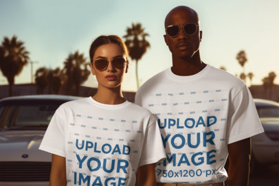 GTA-Inspired Mockup Featuring a Man and a Woman in Matching T-Shirts m37994