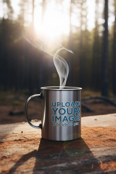 Outdoor Mockup Featuring an AI-Created Aluminum Mug Placed on a Wooden Surface m37487