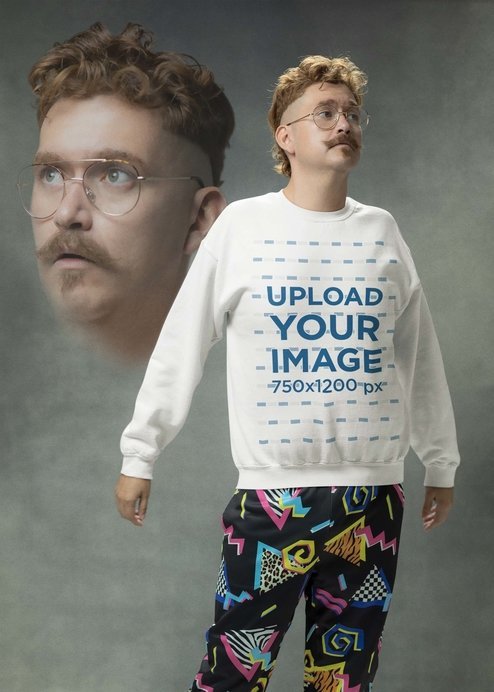 Gildan Sweatshirt Mockup Featuring a Man in an 80s-Aesthetic Outfit