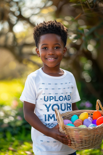 Mockup of a Happy Boy in a T-Shirt Holding a Basket of Colorful Easter Eggs
