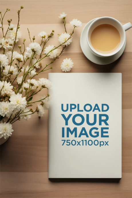 AI-Created Mockup Featuring a Book Placed on a Wooden Table With a Cup of Coffee and Some Flowers