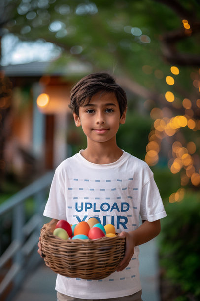 AI-Generated T-Shirt Mockup of a Happy Kid at an Easter Egg Hunt