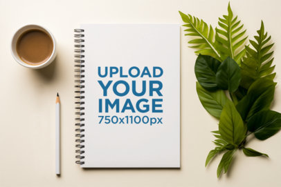 AI-Generated Mockup of a Notebook Lying Between a Cup of Coffee and Some Leaves