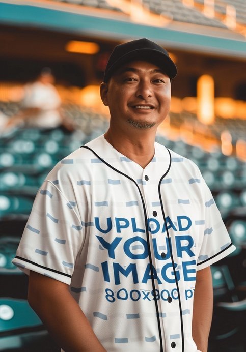 Jersey Mockup of a Happy AI-Created Man in a Baseball Stadium