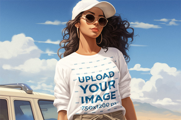 Long-Sleeve Tee Mockup of an Illustrated AI-Created Woman Inspired by GTA