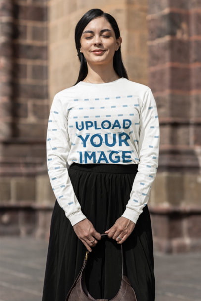 Bella Canvas Long-Sleeve Tee Mockup Featuring a Peaceful Woman in a Modest Outfit m37987