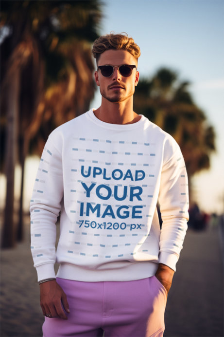 Mockup of an AI-Generated Man Wearing a Sweatshirt and Sunglasses at the Beach
