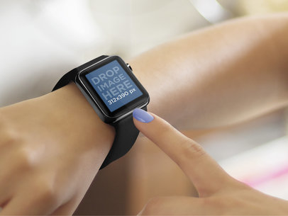 Close-up Mockup of a Young Woman Using a Black Apple Watch on Her Wrist