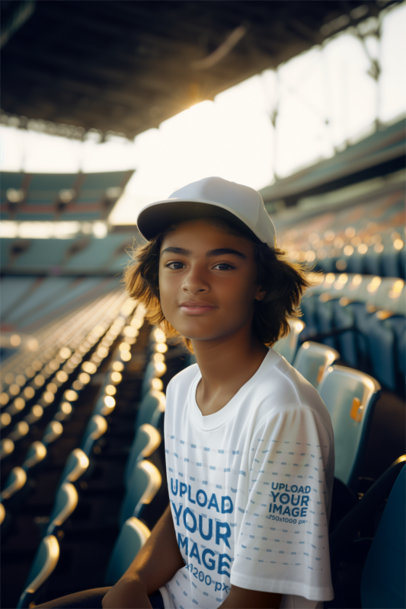 Mockup of an AI-Generated Boy Wearing a T-Shirt in a Baseball Stadium
