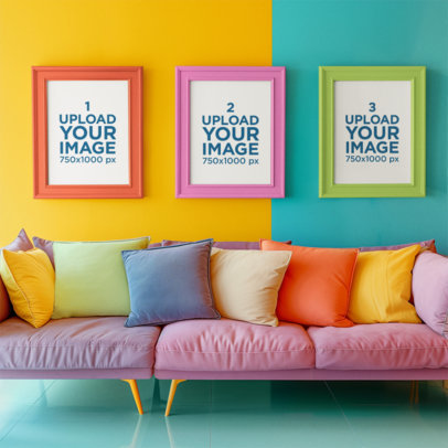 AI-Generated Mockup Featuring Three Art Prints in a Colorful Living Room