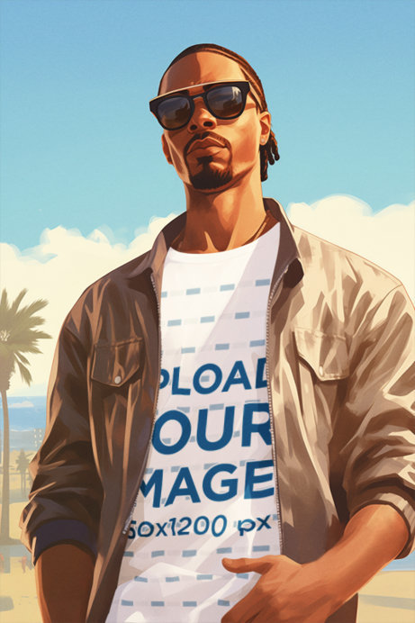 GTA-Inspired Mockup of an AI-Generated Man Illustration Wearing a T-Shirt