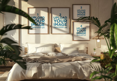 AI-Generated Mockup of Art Prints Hanged on a Bedroom's Wall with a Relaxing Decoration m38319