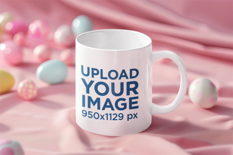 Easter-Themed Mockup of an AI-Generated Coffee Mug Placed Next to Colorful Eggs