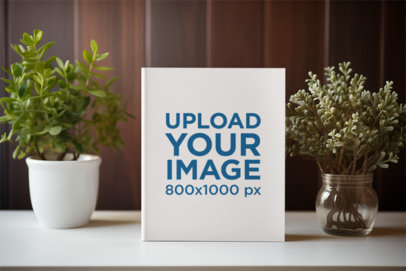 AI-Created Mockup of a Book Placed Next to Some Plants m38109